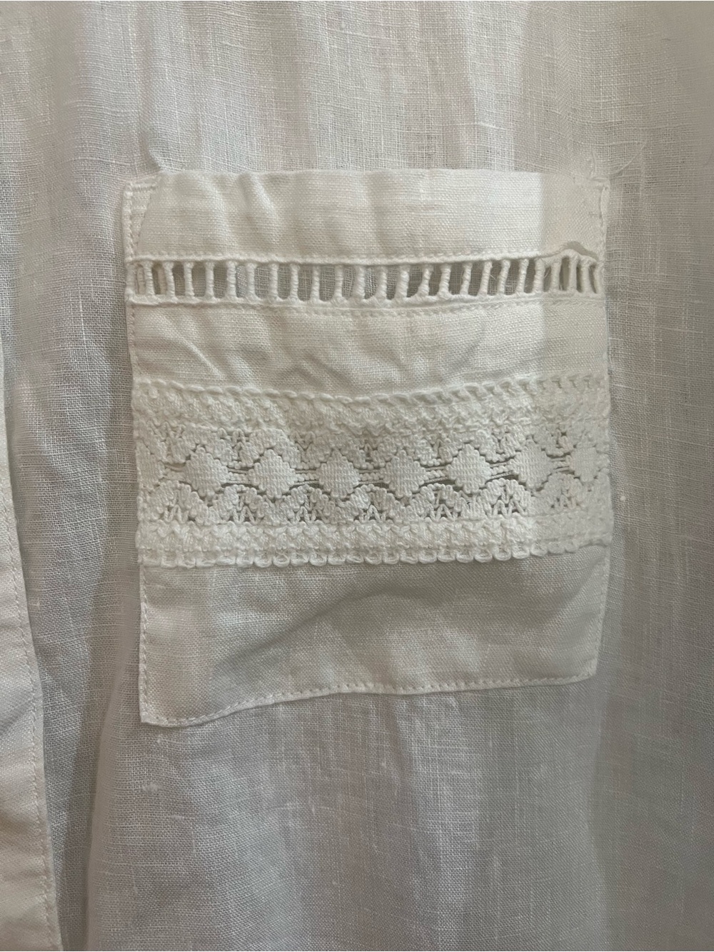 100% Linen White Button-Up Shirt Size Lg | Crochet Eyelet | Coastal Minimalist - Picture 3 of 5
